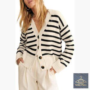 V-Neck Button Down Cardigan, Striped Ribbed Knit, Long Sleeve Open Front
